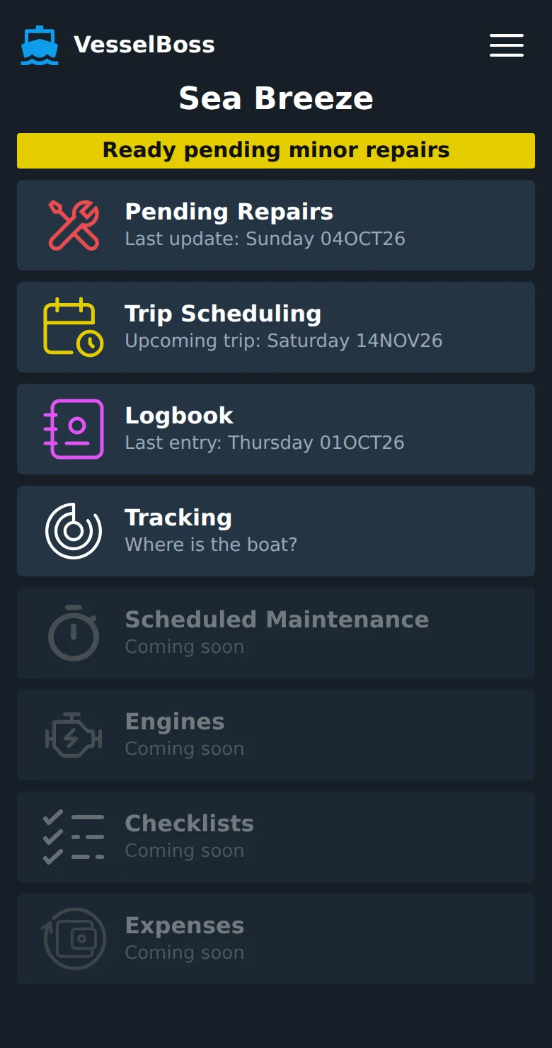 The main page of VesselBoss on a phone: boat status, pending repairs, trip scheduling, logbook and tracking