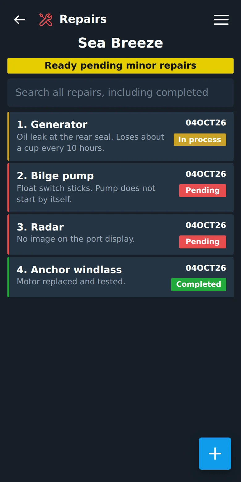 The list of repairs in VesselBoss, each with its status, and the button to add a new one