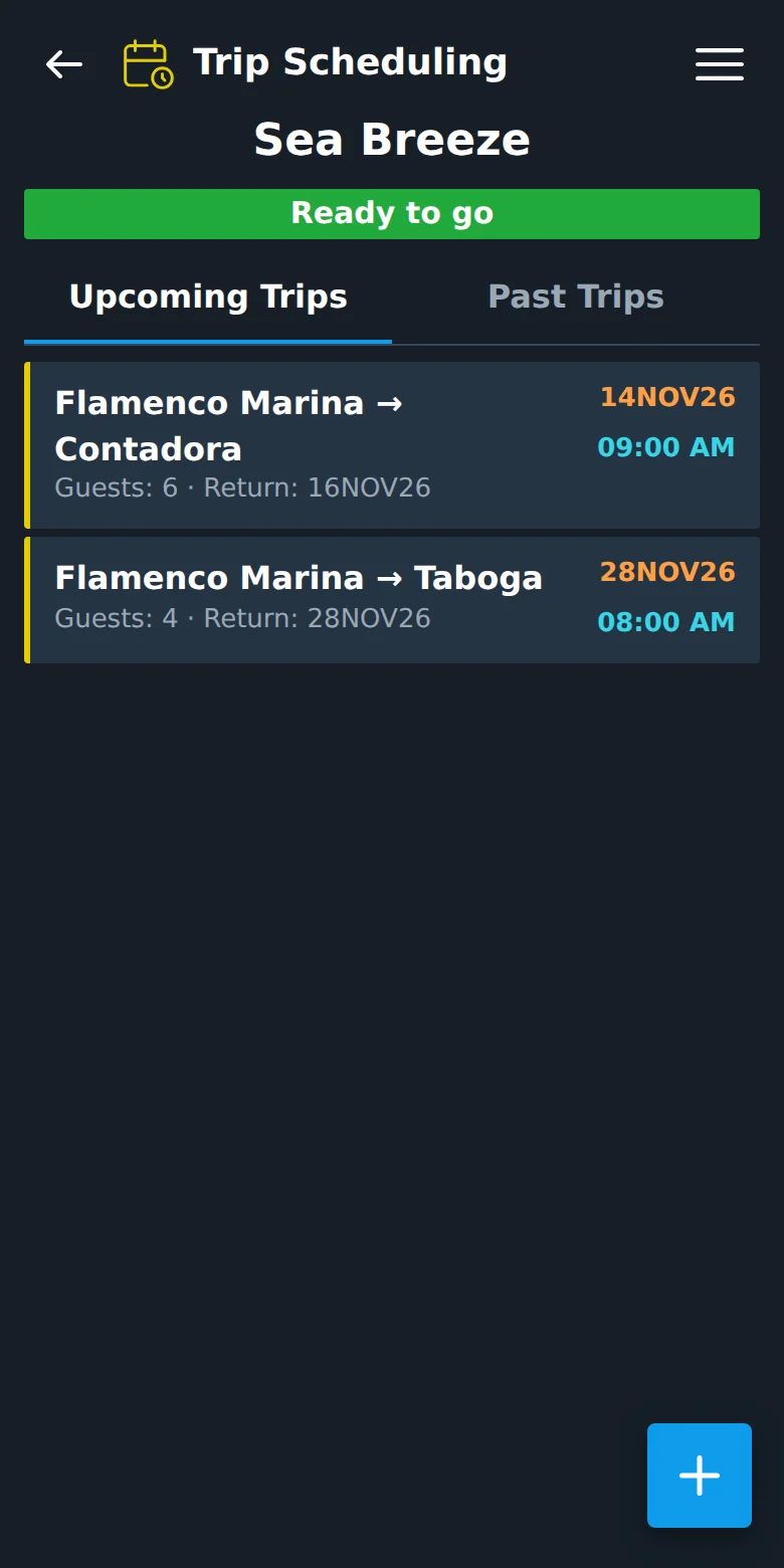 Trips scheduled by the owner in VesselBoss, and the button to add a new one